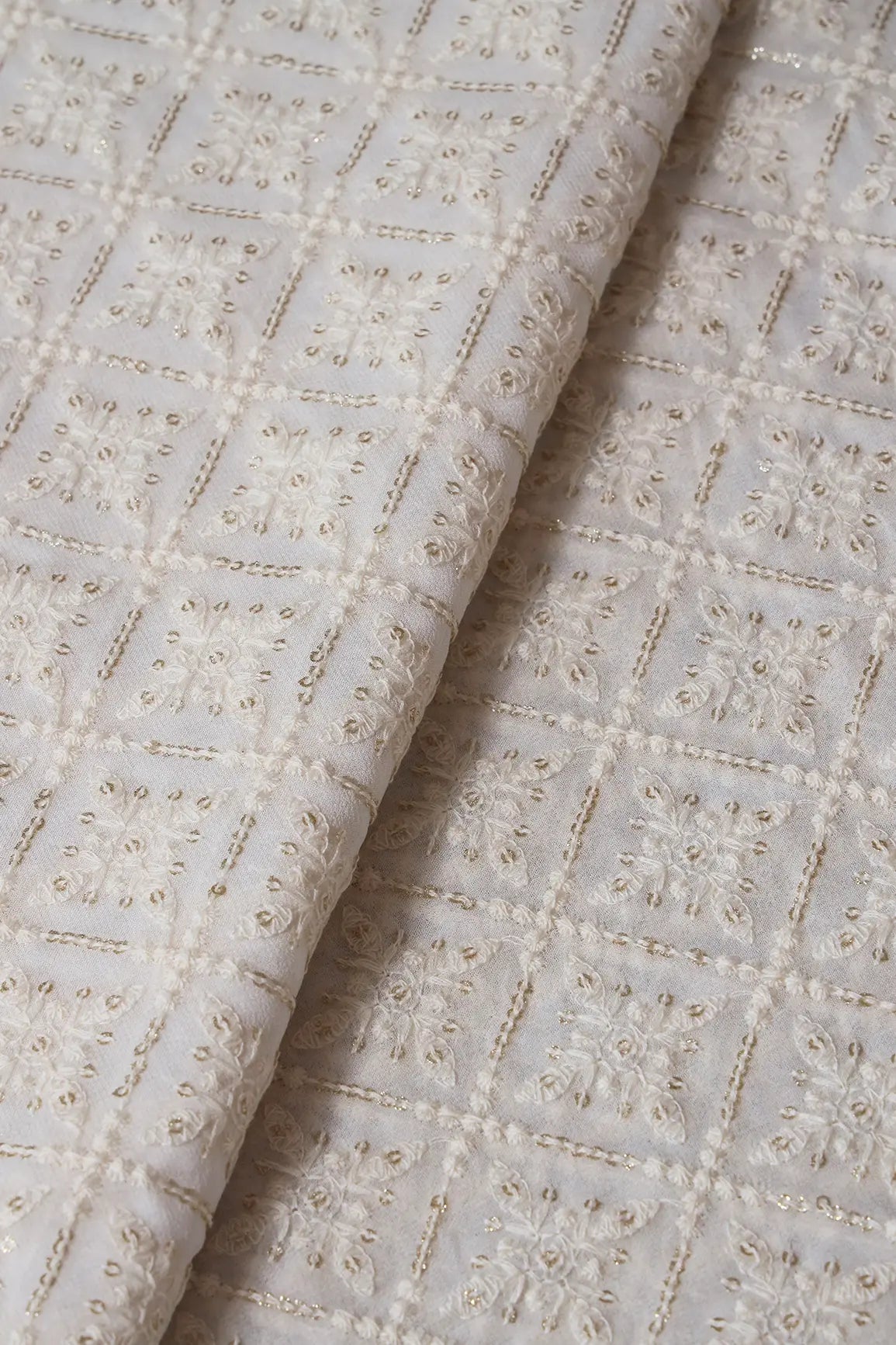 White Thread With Gold Glitter Sequins Checks Lucknowi Embroidery On Dyeable Viscose Georgette Fabric - doeraa