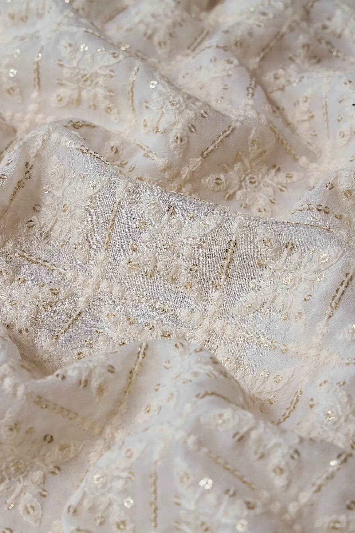 White Thread With Gold Glitter Sequins Checks Lucknowi Embroidery On Dyeable Viscose Georgette Fabric - doeraa