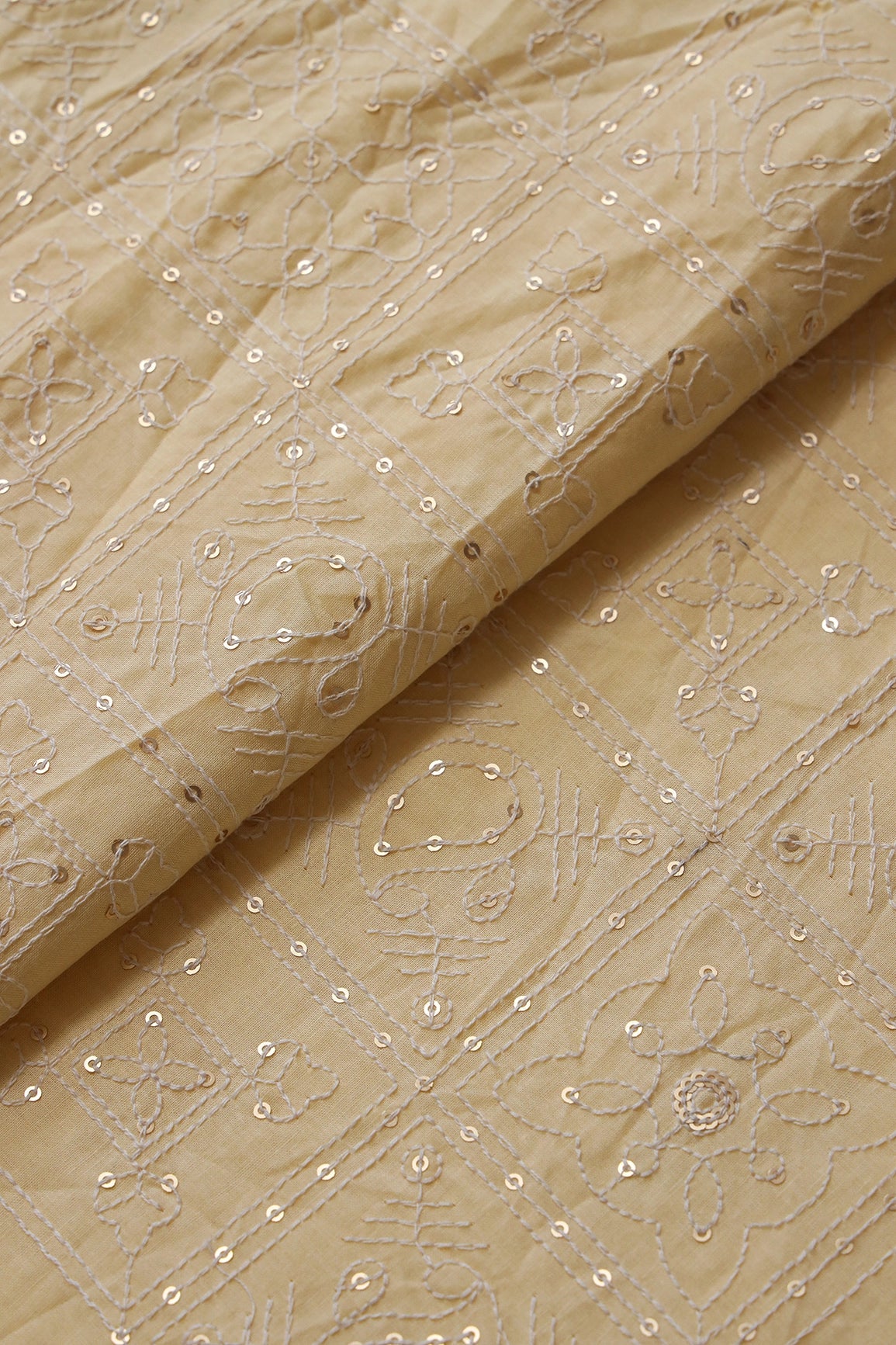 White Thread With Gold Sequins Geometric Embroidery Work On Pastel Yellow Organic Cotton Fabric - doeraa