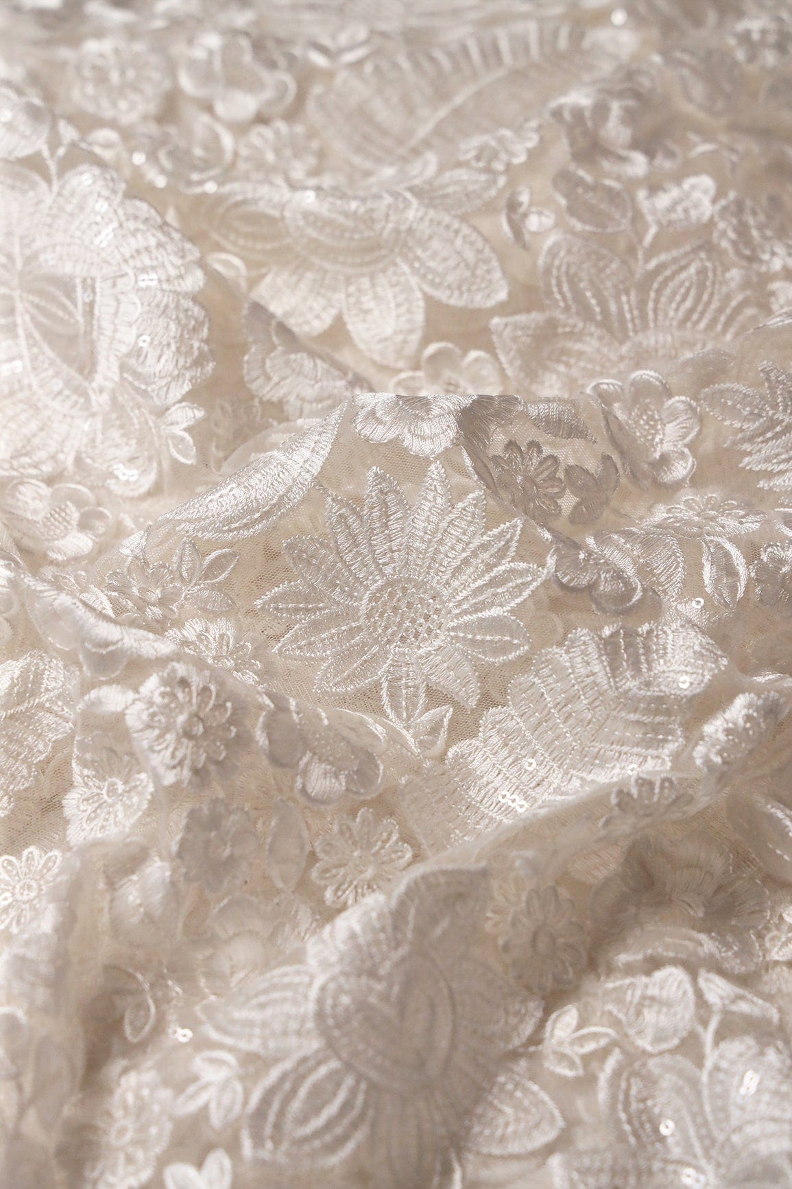 White Thread With Sequins Heavy Floral Embroidery On White Dyeable Soft Net Fabric - doeraa