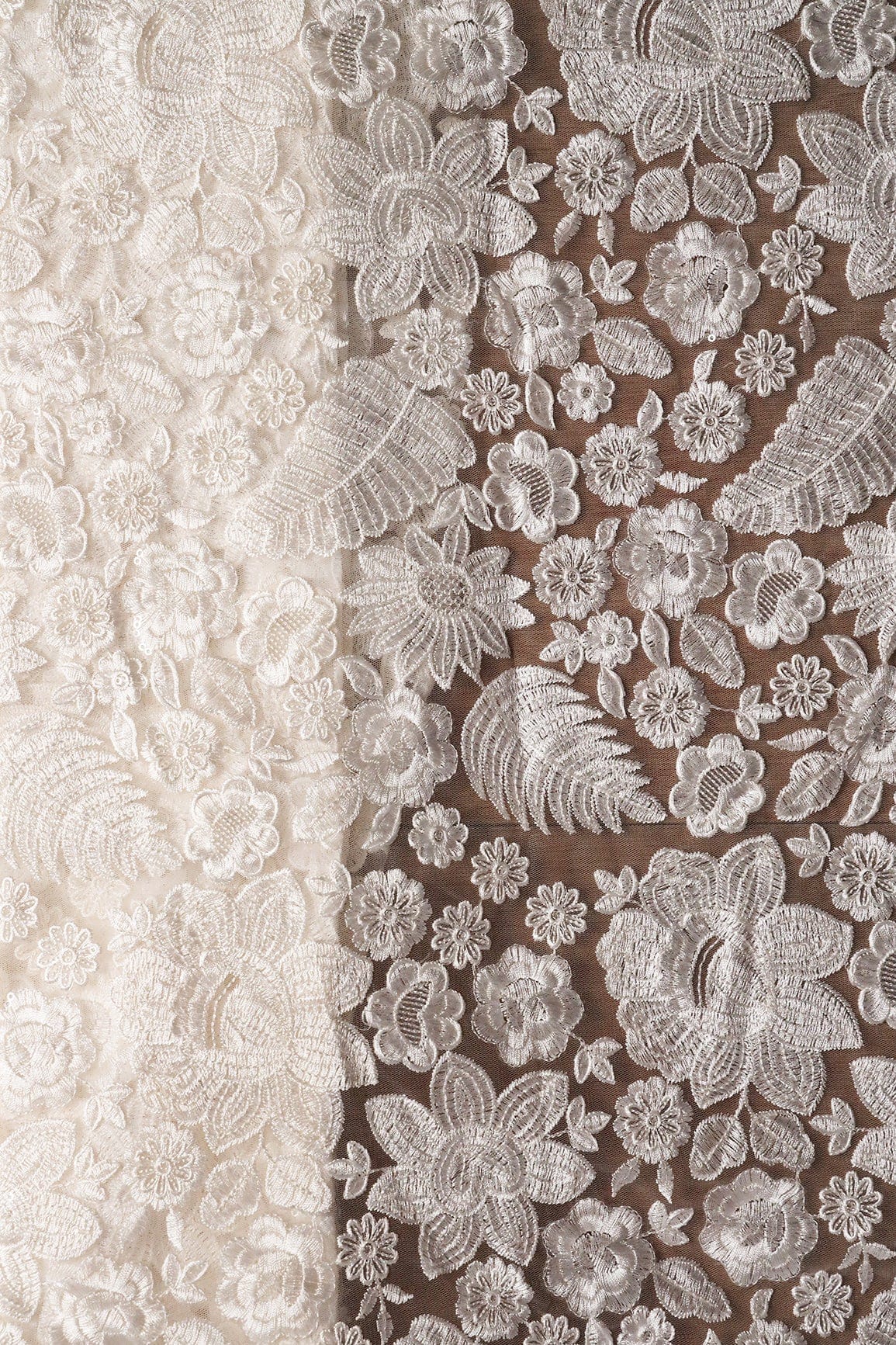 White Thread With Sequins Heavy Floral Embroidery On White Dyeable Soft Net Fabric - doeraa