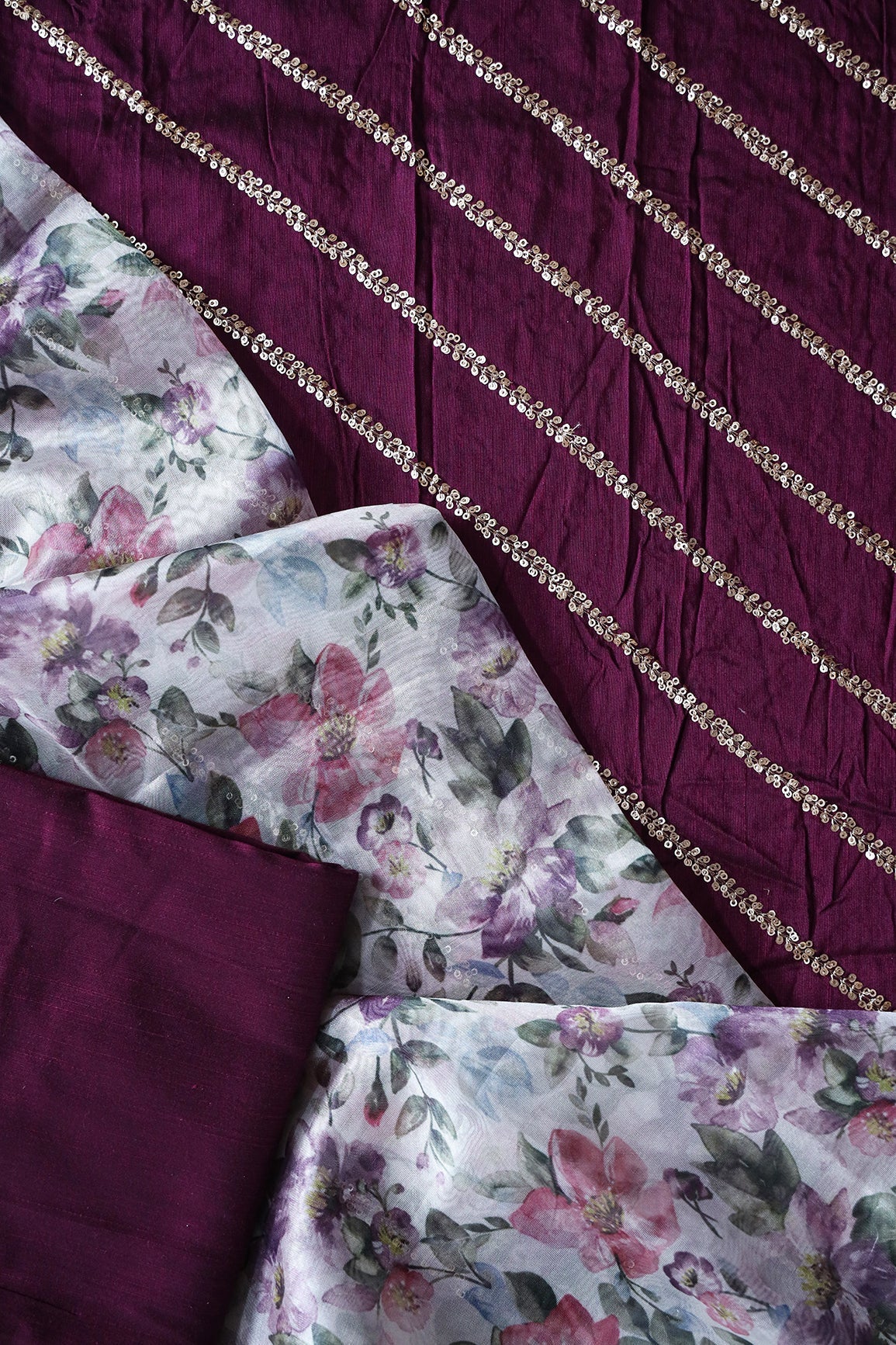Wine And White Unstitched Suit (3 Piece) - doeraa