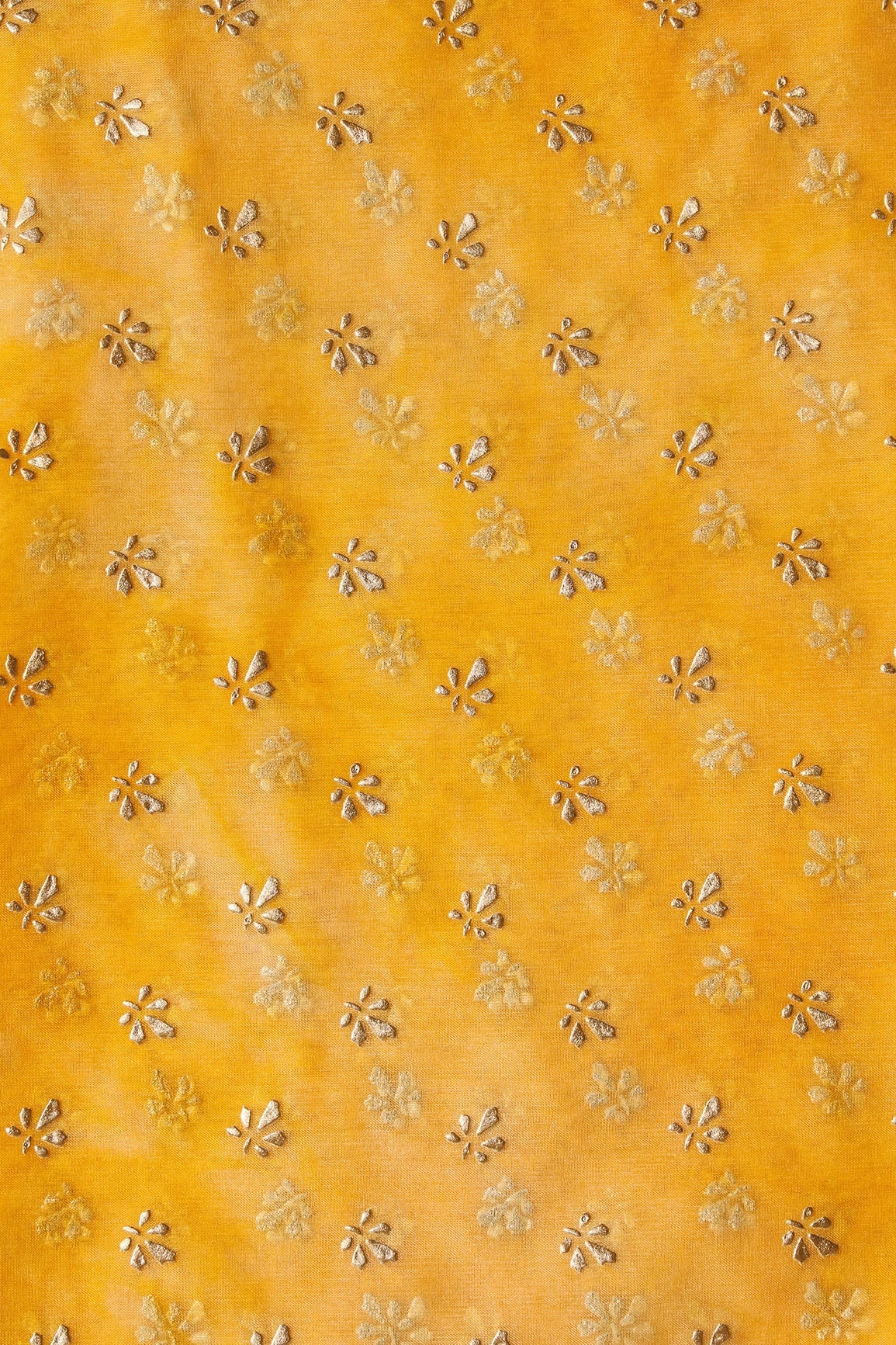 Yellow Tie & Dye Shibori Small Floral Motif Foil Print On Organza Fabric - doeraa