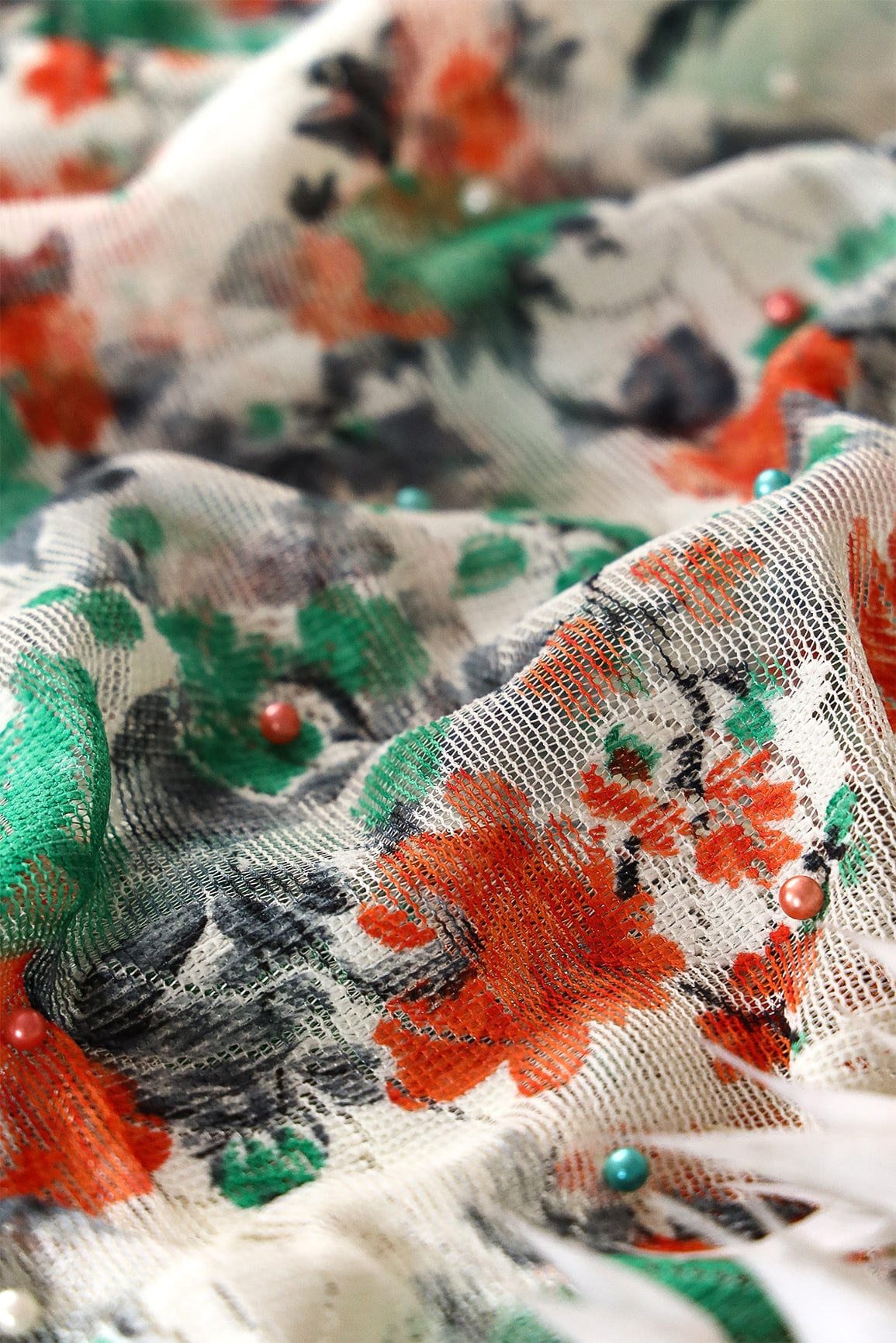 doeraa Embroidery Fabrics Teal And Orange Floral Digital Print With Pearls On Net Fabric